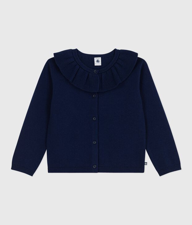Cardigan enfant en laine et coton uni bleu marine