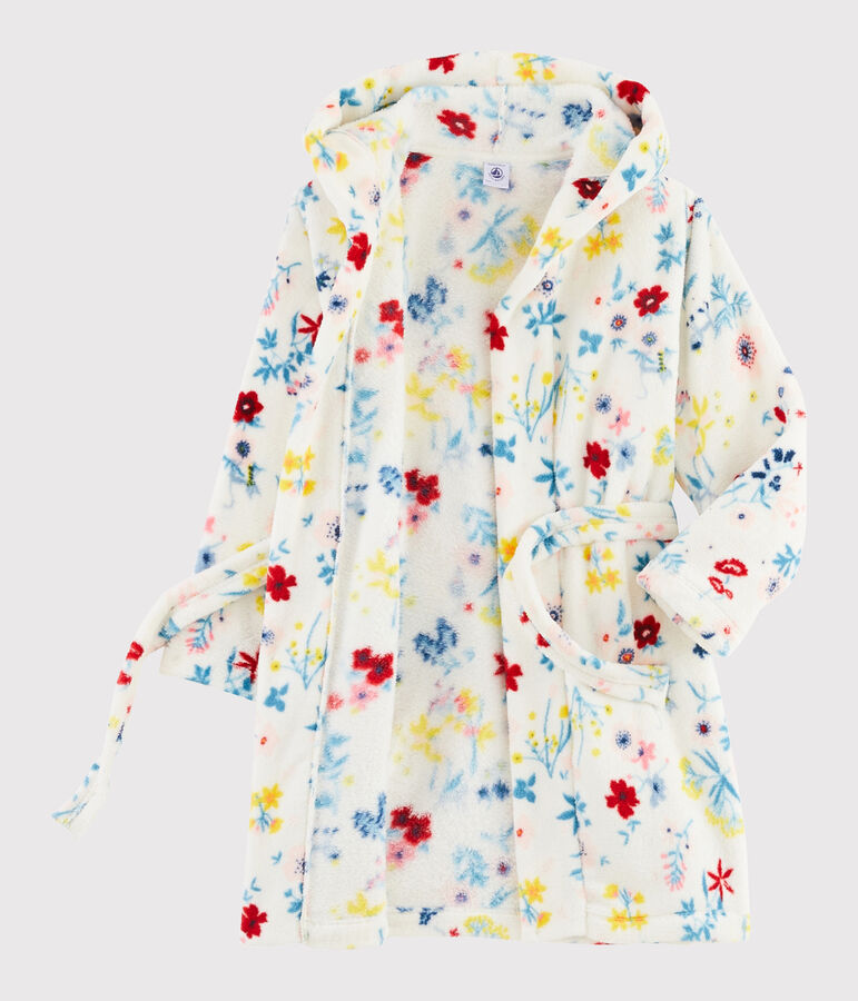 Robe de chambre &agrave; fleurs petite fille en polaire blanc MARSHMALLOW/blanc MULTICO