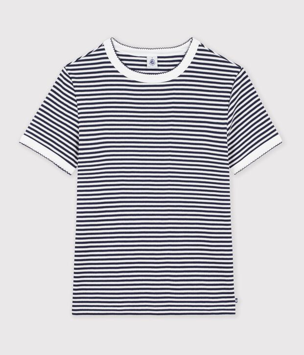 Tee-shirt femme en coton manches courtes &agrave; rayures bleu/blanc