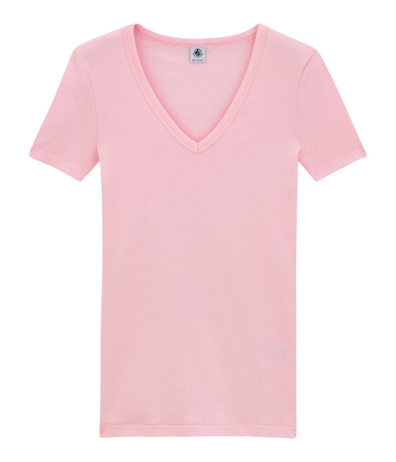 T-shirt femme col V en c&ocirc;te originale rose BABYLONE