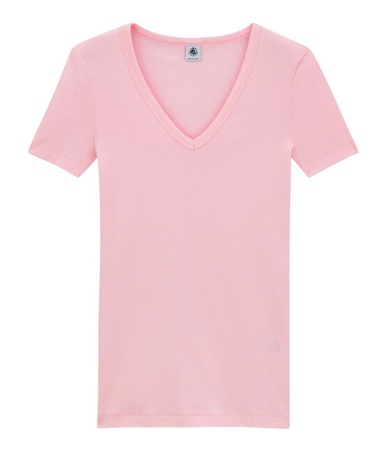 T-shirt femme col V en côte originale rose BABYLONE