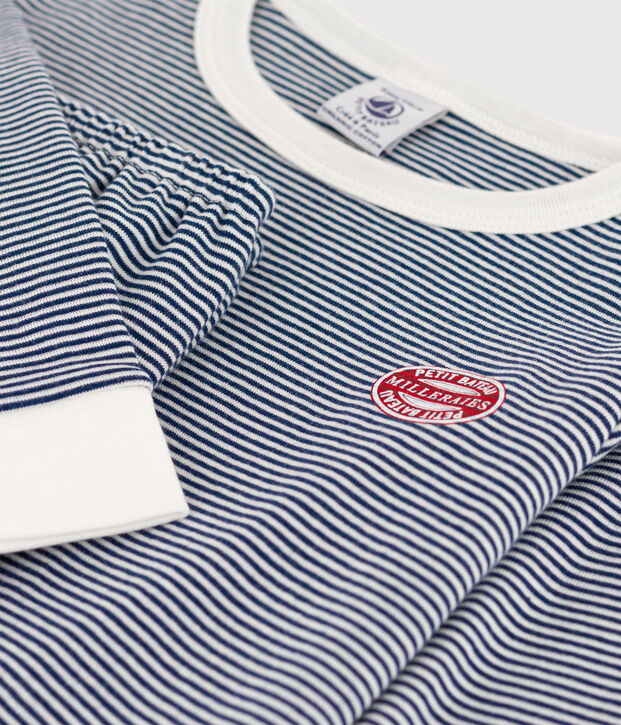 Pyjama ajust&eacute; milleraies en coton enfant bleu/blanc