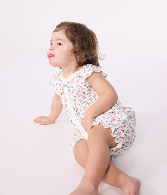 Combinaison courte bébé en coton fleuri blanc MARSHMALLOW/blanc MULTICO