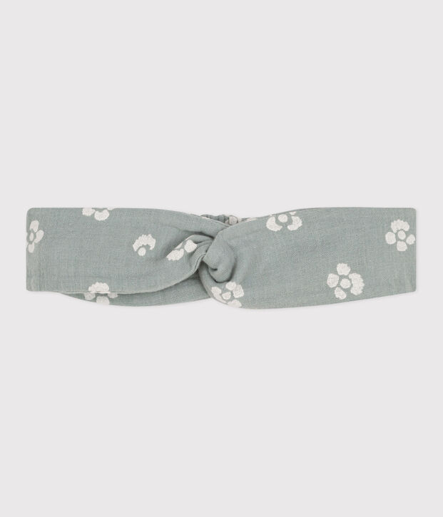 Bandeau b&eacute;b&eacute; en gaze de coton imprim&eacute; fleurs vert/blanc