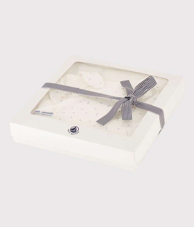Carr&eacute; de bain et doudou en coton blanc/gris
