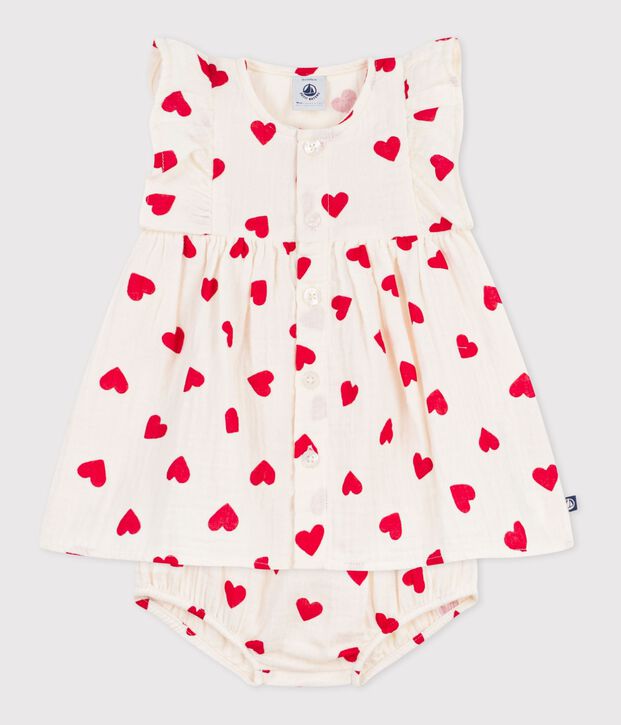 Robe b&eacute;b&eacute; en coton avec son bloomer, imprim&eacute;s c&oelig;urs rouge/rouge