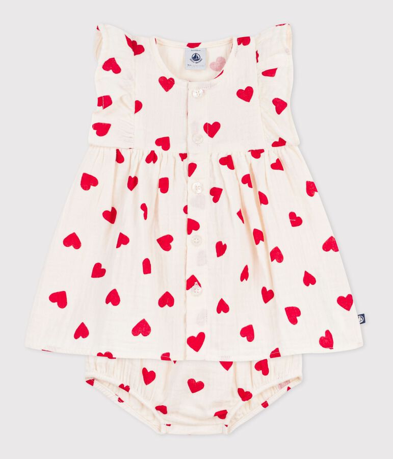 Robe b&eacute;b&eacute; en coton avec son bloomer, imprim&eacute;s c&oelig;urs rouge MILK/ TERKUIT