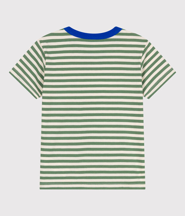 Tee-shirt enfant en coton manches courtes &agrave; rayures vert/&eacute;cru