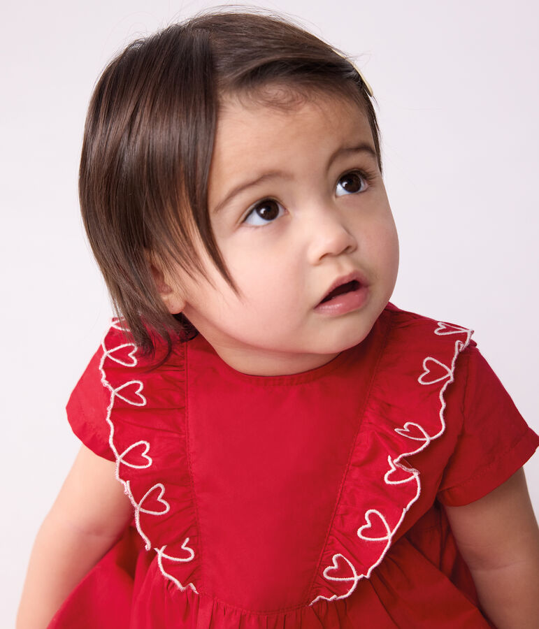 Robe b&eacute;b&eacute; en coton manches courtes unie avec son bloomer rouge