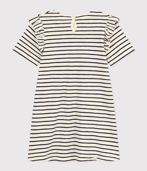 Robe rayée manches courtes en coton enfant fille blanc AVALANCHE/bleu SMOKING