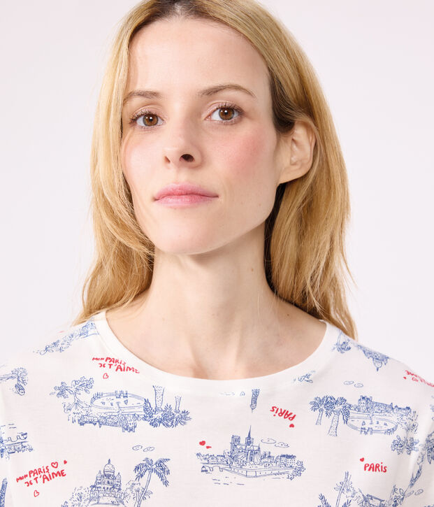 Pyjama short femme en coton imprim&eacute; Paris blanc/multicouleur