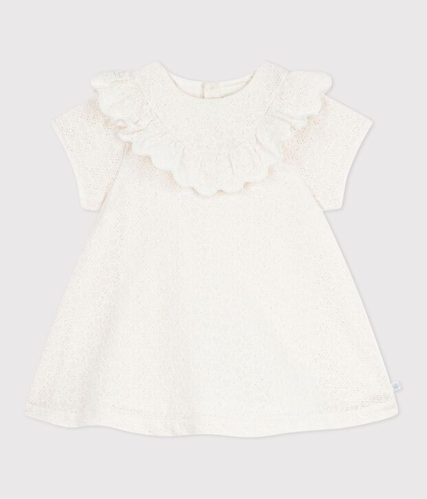 Robe b&eacute;b&eacute; en broderie anglaise manches courtes, motifs c&oelig;urs blanc
