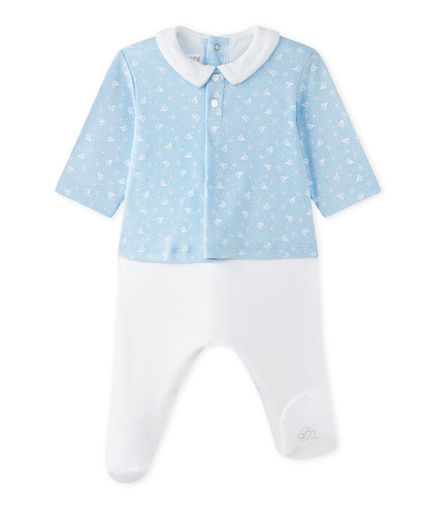 Combinaison guimpe b&eacute;b&eacute; gar&ccedil;on bi-mati&egrave;re bleu/blanc