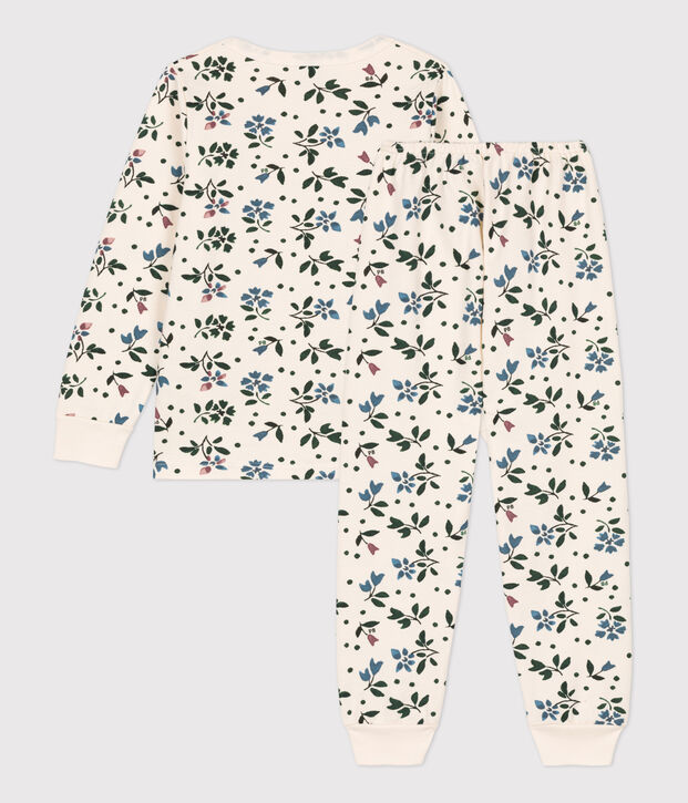 Pyjama fleur petite fille en molleton &eacute;cru/multicouleur