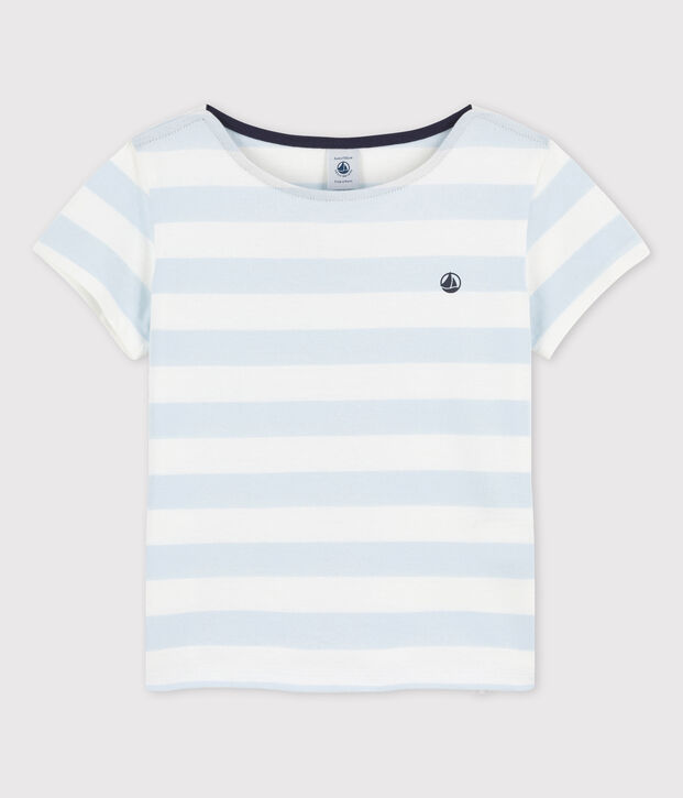 T-shirt manches courtes en coton enfant fille bleu/blanc
