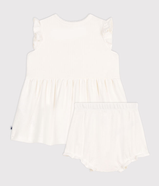 Robe blanche b&eacute;b&eacute; en nid d'abeille &agrave; manches courtes et bloomer blanc