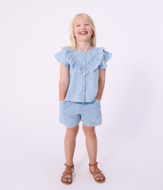Short enfant en coton uni bleu