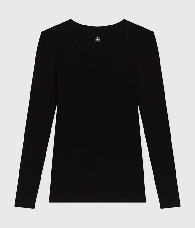 Tee-shirt femme en coton col danseuse manches longues noir