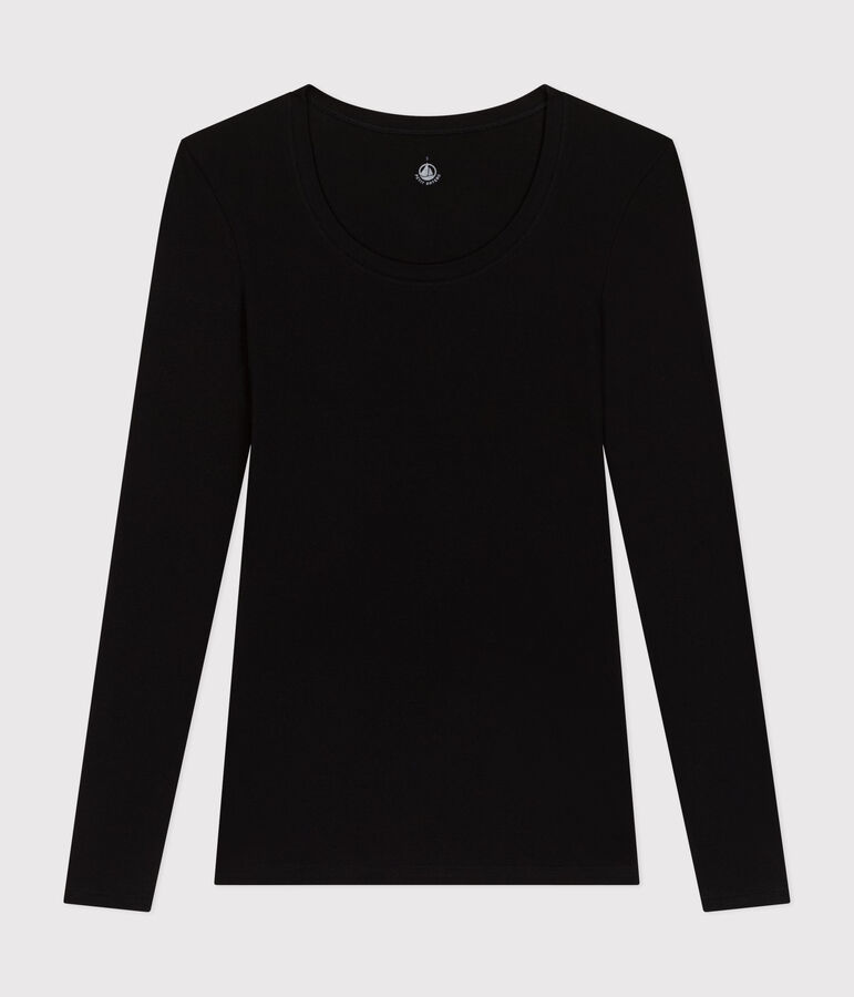 Tee-shirt femme en coton col danseuse manches longues noir BLACK