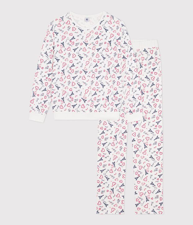 Pyjama femme en coton imprim&eacute; Paris blanc/multicouleur