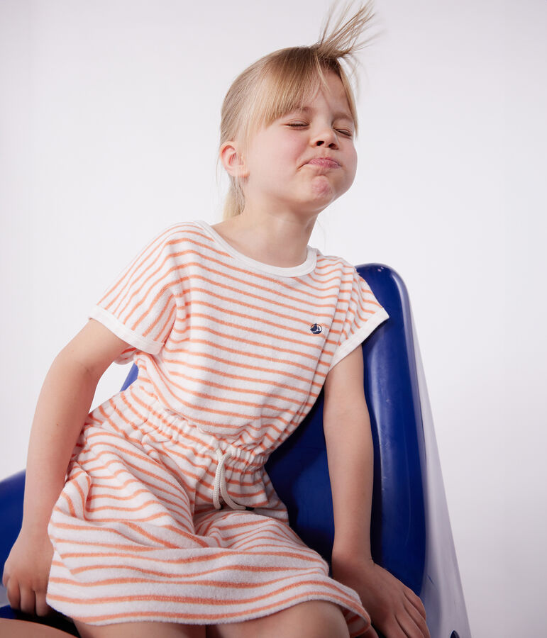 Robe enfant en coton &eacute;ponge manches courtes &agrave; rayures orange MARSHMALLOW/ ABRICOT