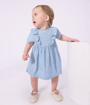 Robe bébé en coton manches courtes en chambray, brodée de cœurs