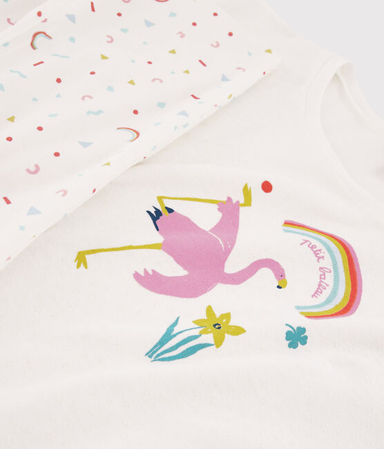 Pyjama fille / femme flamand rose en côte blanc MARSHMALLOW/blanc MULTICO