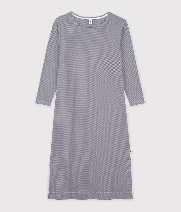 Chemise de nuit longue femme en coton &agrave; rayures bleu/blanc