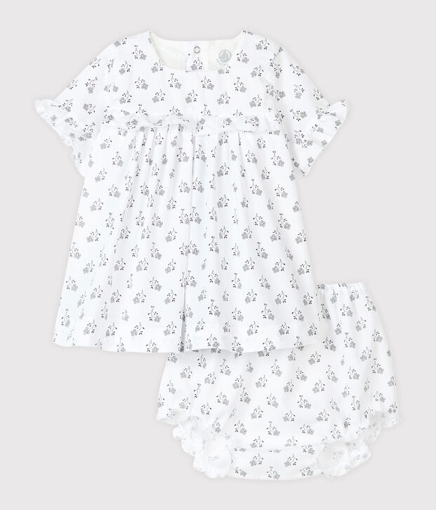 Robe avec bloomer &agrave; imprim&eacute; fleurs b&eacute;b&eacute; fille en popeline blanc/multicouleur