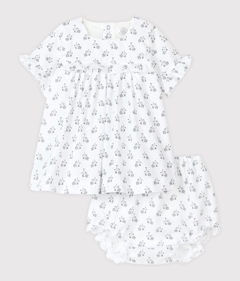 Robe avec bloomer &agrave; imprim&eacute; fleurs b&eacute;b&eacute; fille en popeline blanc MARSHMALLOW/blanc MULTICO