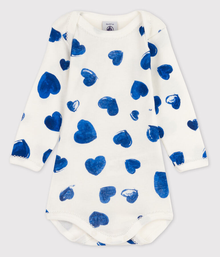 Body manches longues b&eacute;b&eacute; fille blanc MARSHMALLOW/bleu BLEU
