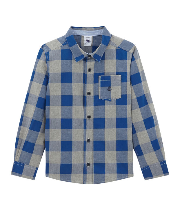 Chemise &agrave; carreaux gar&ccedil;on en popeline bleu/gris