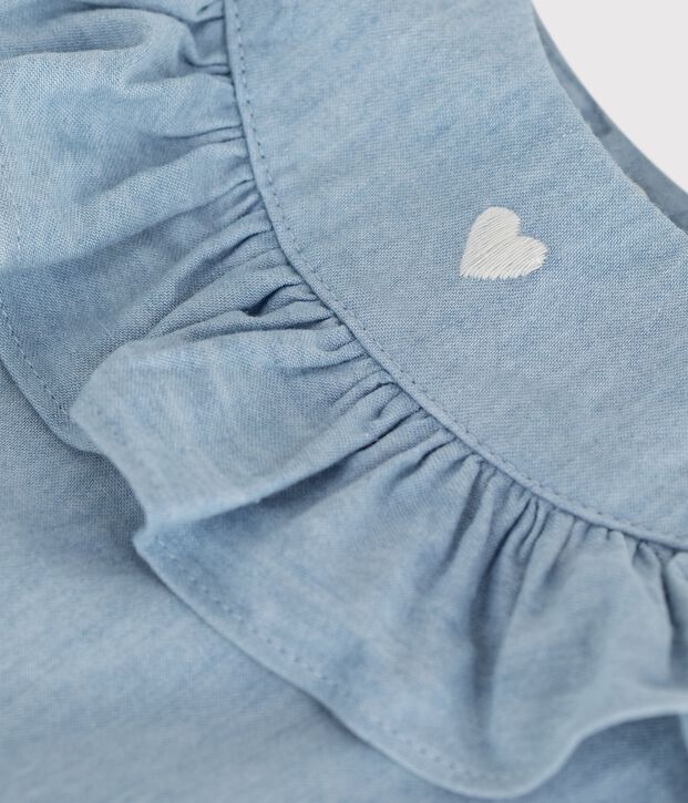 Blouse b&eacute;b&eacute; en coton sans manches en chambray brod&eacute; bleu