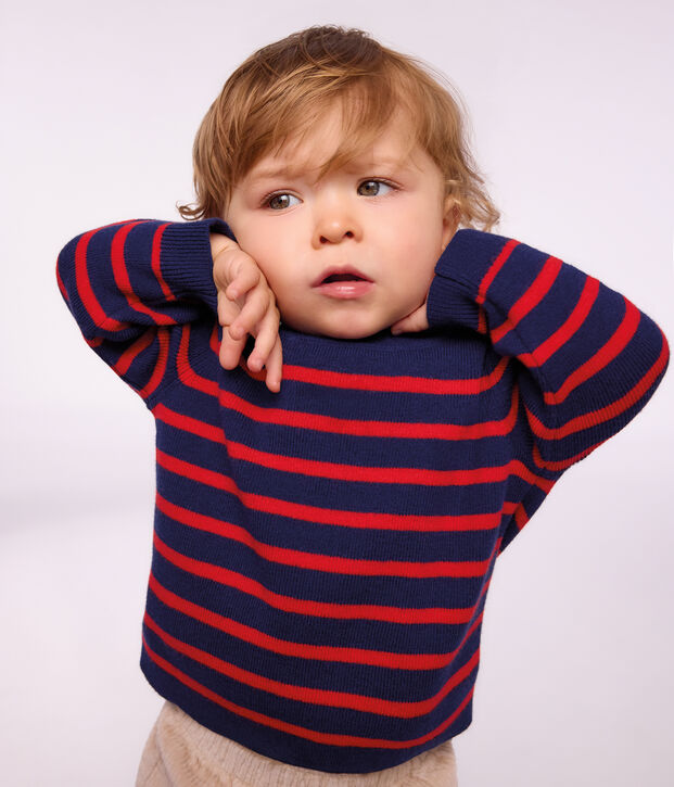 Pull marin b&eacute;b&eacute; en laine et coton &agrave; rayures bleu/rouge