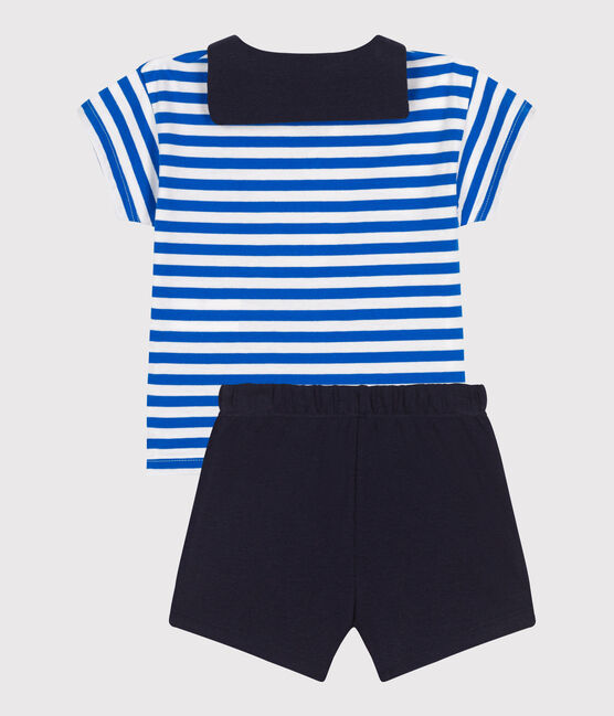 Ensemble bébé deux pièces en coton, t-shirt col vareuse bleu PORCELANA/ SMOKING