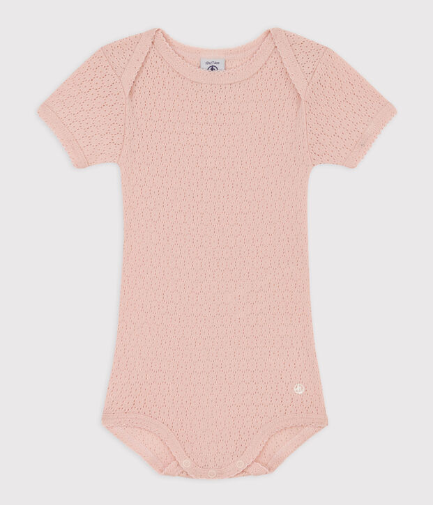 Body manches courtes b&eacute;b&eacute; en maille ajour&eacute;e rose