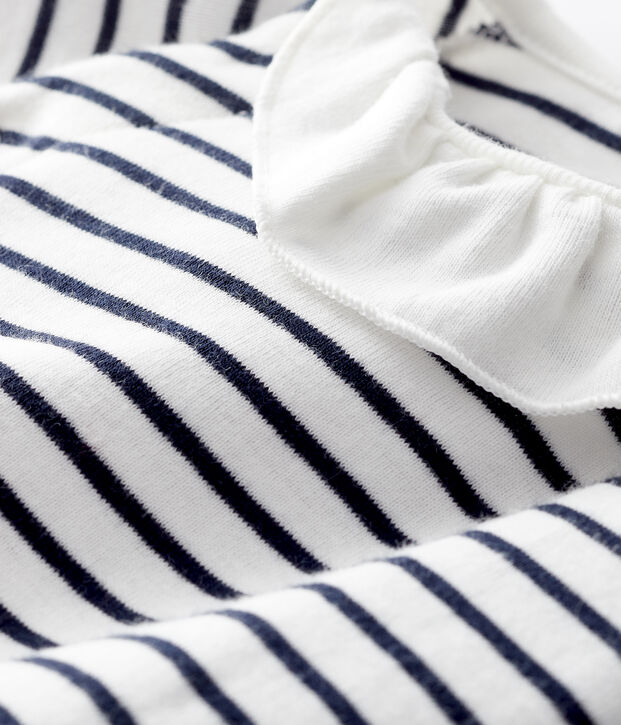 Combinaison longue &agrave; rayures b&eacute;b&eacute; fille en c&ocirc;te blanc/bleu