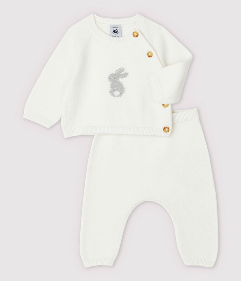 Ensemble 2 pi&egrave;ces blanc b&eacute;b&eacute; en tricot de coton biologique blanc