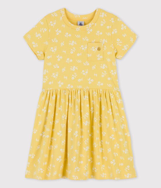 Robe manches courtes en coton enfant fille jaune ORGE/blanc MARSHMALLOW