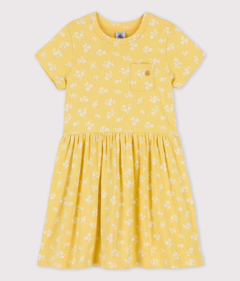 Robe manches courtes en coton enfant fille jaune ORGE/blanc MARSHMALLOW