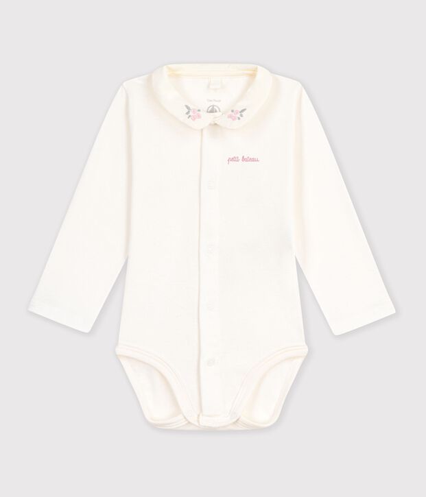 Body b&eacute;b&eacute; en coton manches longues &agrave; col brod&eacute; uni rose/rose