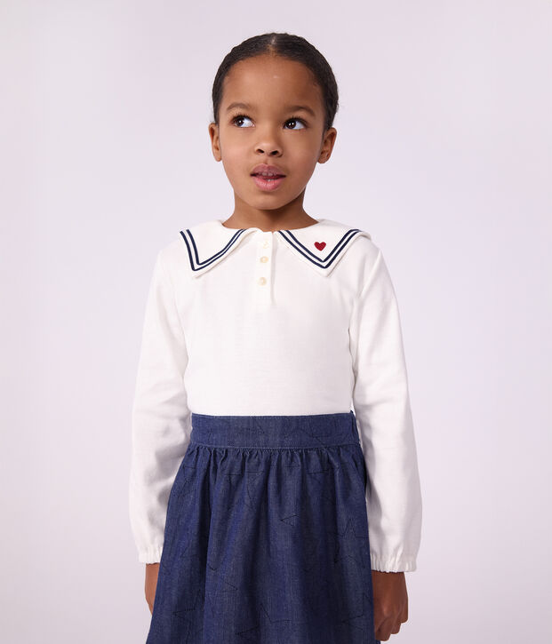 Blouse enfant en coton &agrave; col manches longues unie blanc