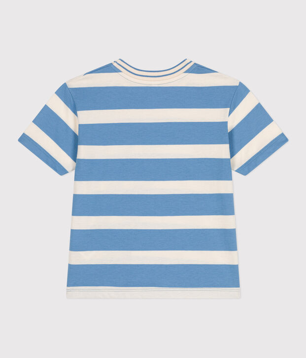 Tee-shirt enfant en coton manches courtes &agrave; rayures bleu/&eacute;cru