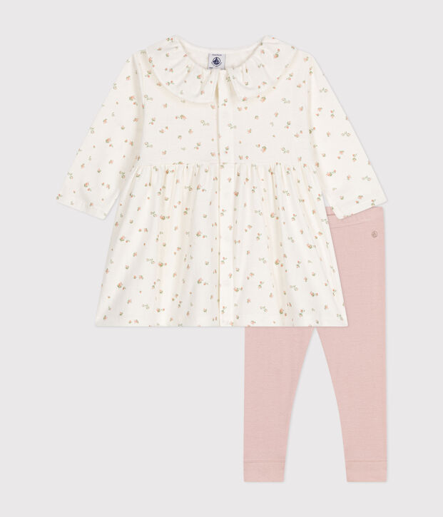 Ensemble robe manches longues et legging en coton b&eacute;b&eacute; blanc/multicouleur
