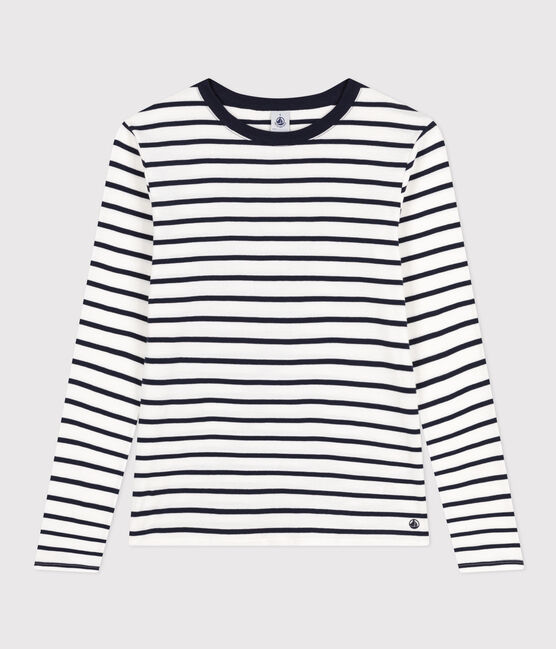 Tee-shirt L'ICONIQUE col rond en coton Femme blanc MARSHMALLOW/bleu SMOKING