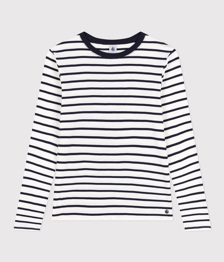 Tee-shirt L'ICONIQUE col rond en coton Femme blanc MARSHMALLOW/bleu SMOKING