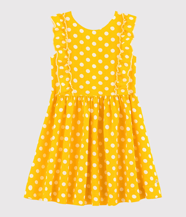 Robe manches courtes en lin enfant fille jaune/blanc