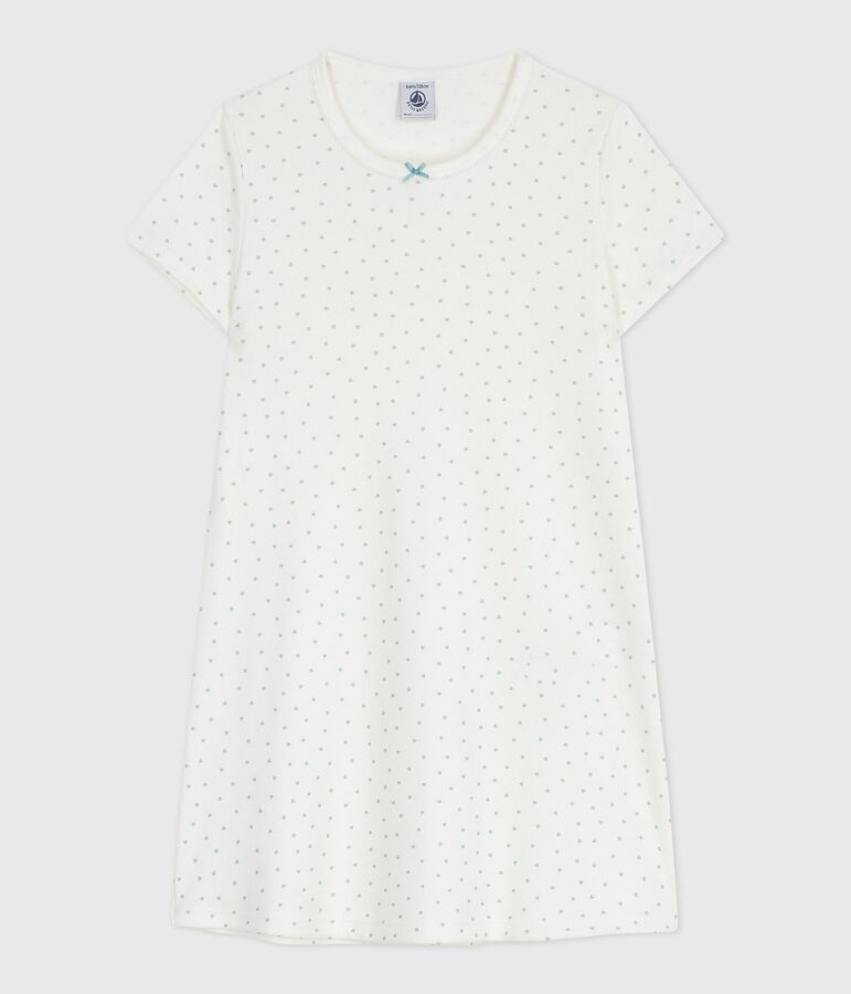 Chemise de nuit enfant en coton manches courtes imprim&eacute; c&oelig;urs blanc/vert