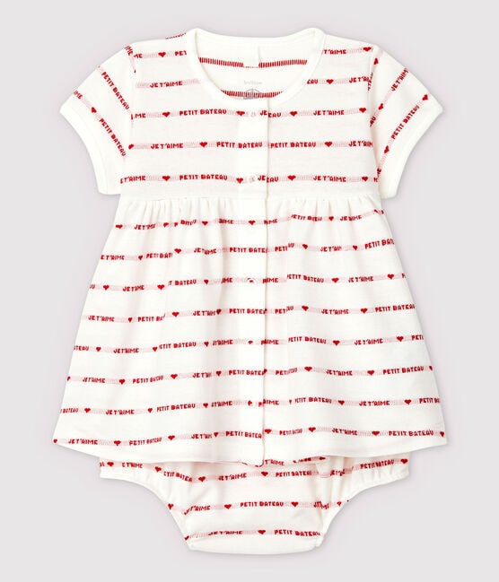 Robe manches courtes avec bloomer bébé fille en jacquard en coton biologique blanc MARSHMALLOW/rouge TERKUIT
