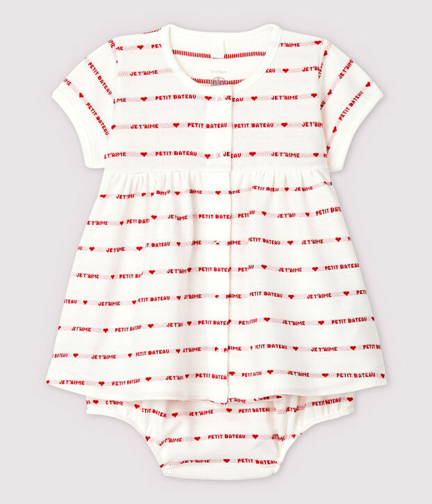 Robe manches courtes avec bloomer b&eacute;b&eacute; fille en jacquard en coton biologique blanc/rouge